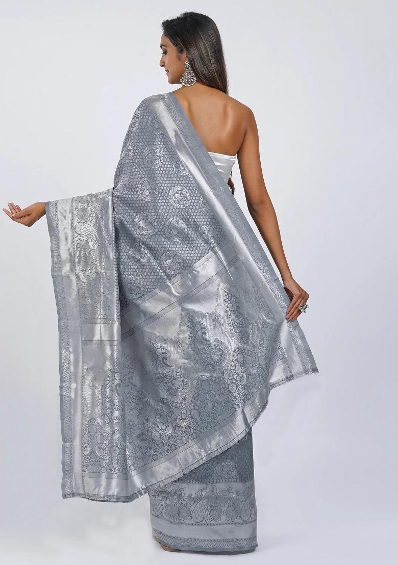 Grey Jacquard Silk Blend Saree Set - Indya