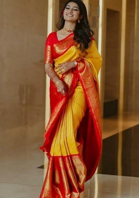 Yellow Jacquard Silk Blend Saree Set