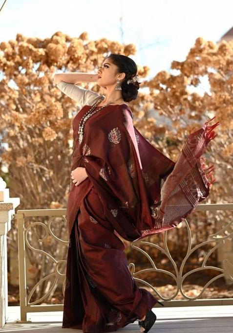 Maroon Jacquard Silk Blend Saree Set
