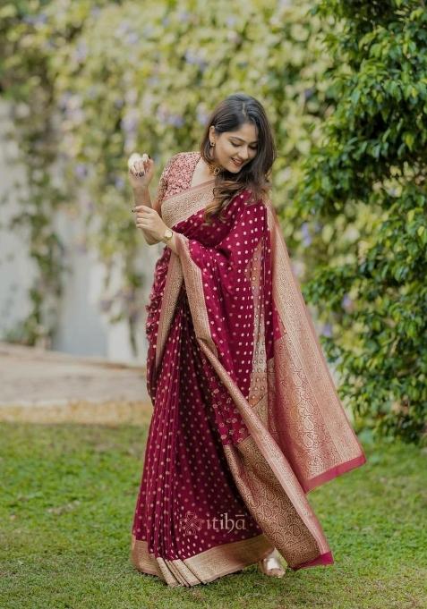 Maroon Jacquard Silk Blend Saree Set