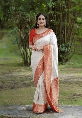 White Jacquard Silk Blend Saree Set
