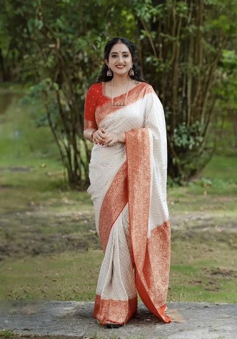 White Jacquard Silk Saree Set
