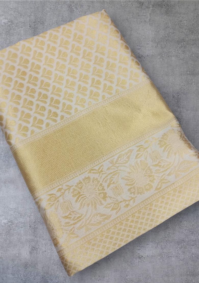 Off White Jacquard Silk Blend Saree Set - Indya