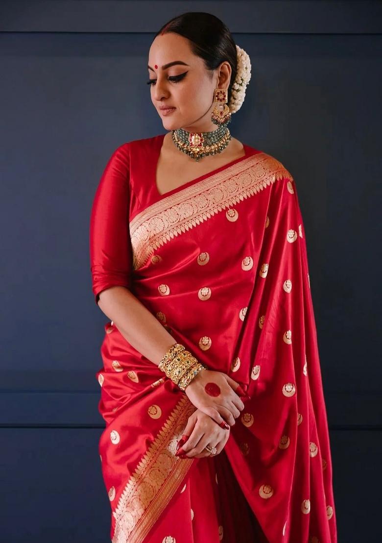 Red Jacquard Silk Blend Saree Set - Indya