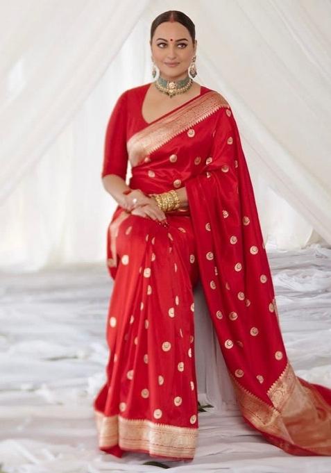 Red Jacquard Silk Blend Saree Set