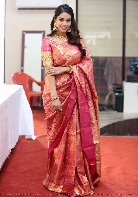 Pink Jacquard Silk Blend Saree Set