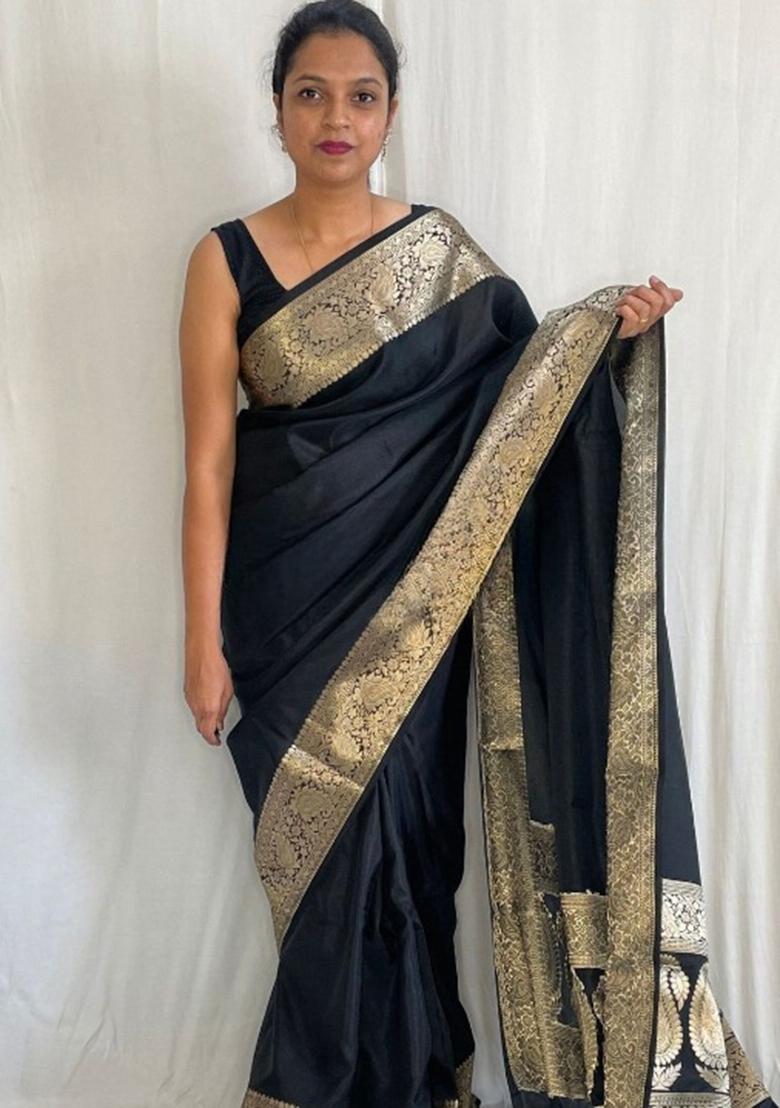 Black Jacquard Silk Blend Saree Set - Indya