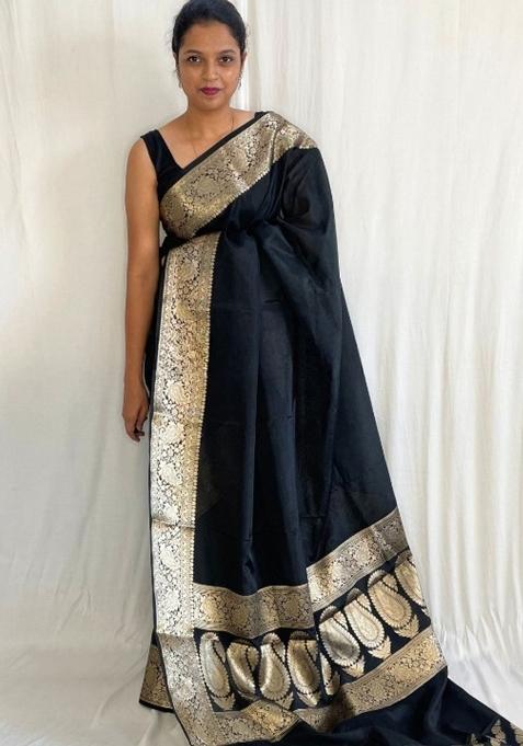 Black Jacquard Silk Saree Set