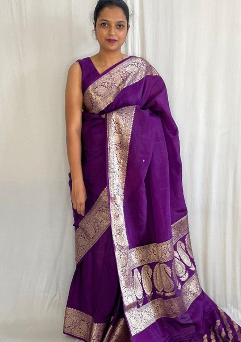 Purple Jacquard Silk Blend Saree Set - Indya