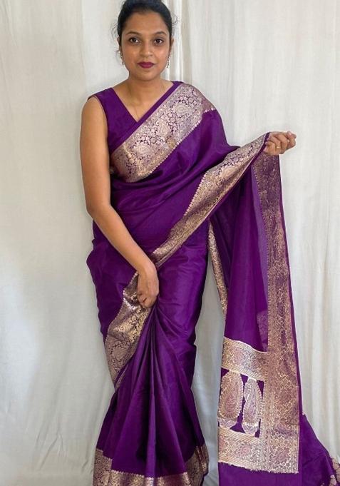 Purple Jacquard Silk Saree Set