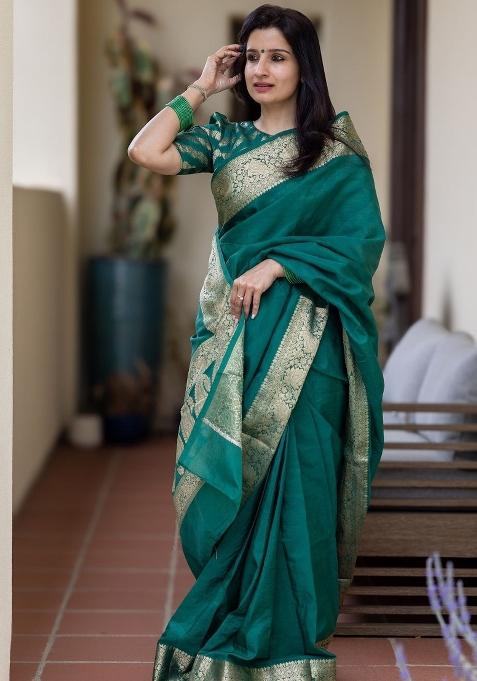 Rama Jacquard Silk Blend Saree Set