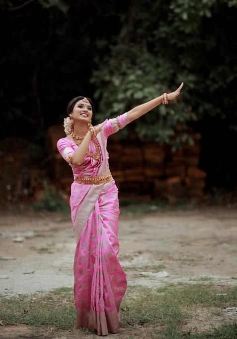Light Pink Jacquard Silk Blend Saree Set
