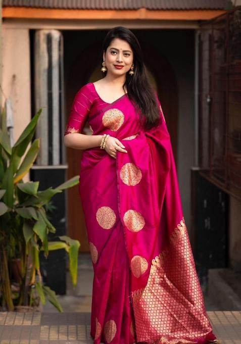 Pink Jacquard Silk Saree Set