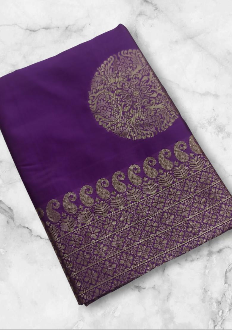 Purple Jacquard Silk Blend Saree Set - Indya