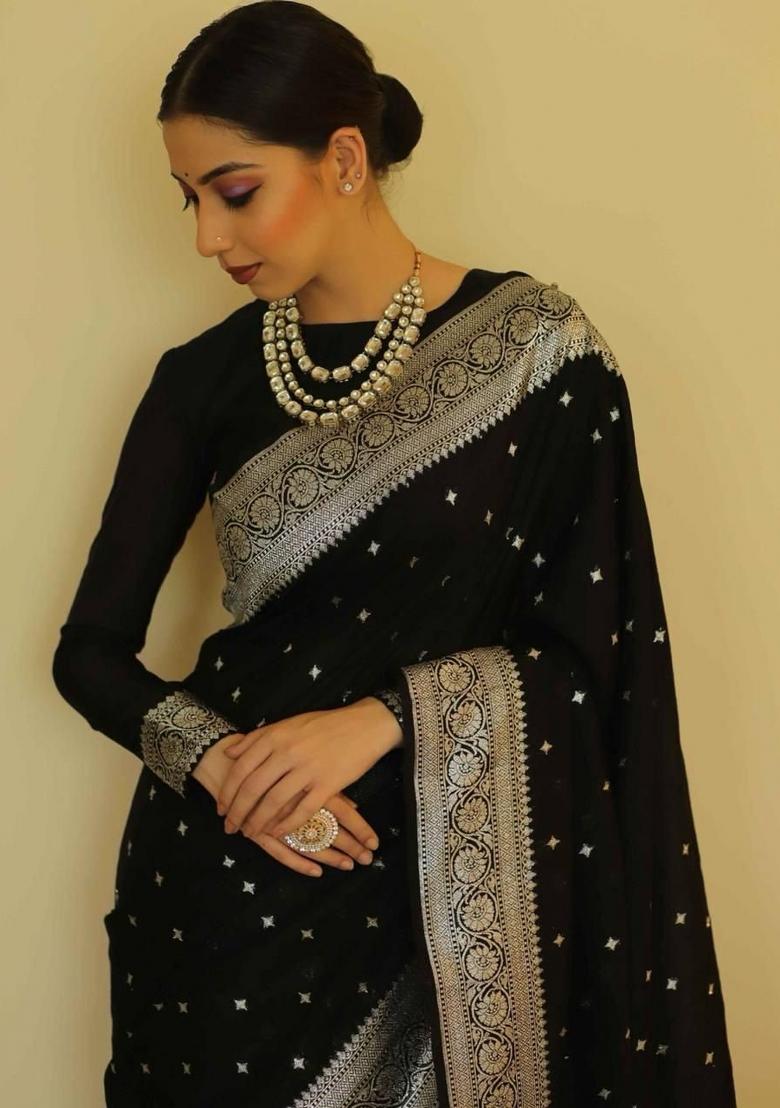 Black Jacquard Silk Blend Saree Set - Indya