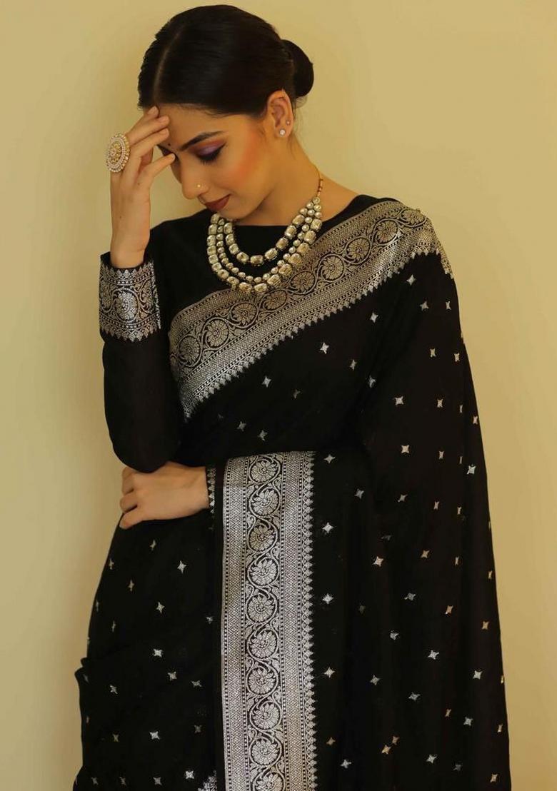 Black Jacquard Silk Blend Saree Set - Indya