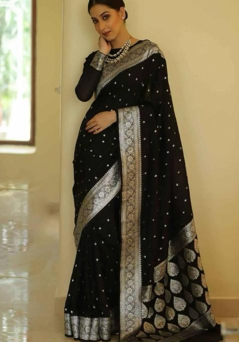 Black Jacquard Silk Saree Set