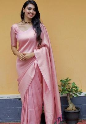 Pink Jacquard Silk Blend Saree Set