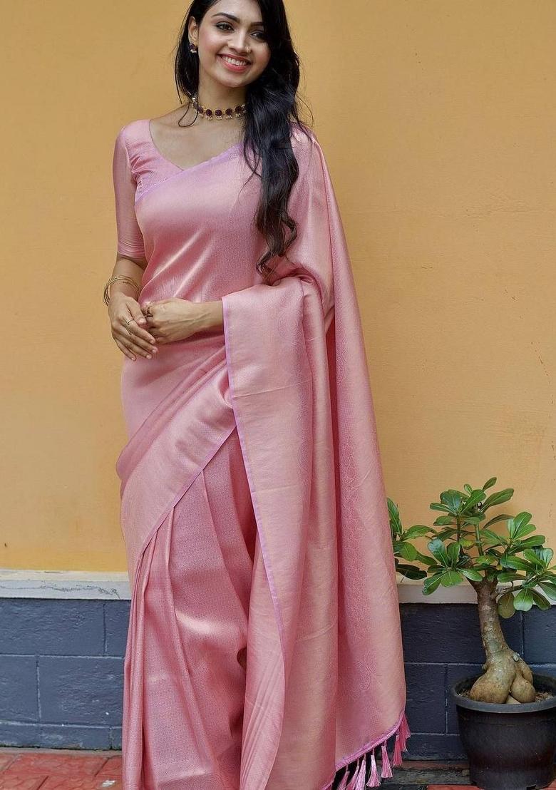 Pink Jacquard Silk Blend Saree Set - Indya
