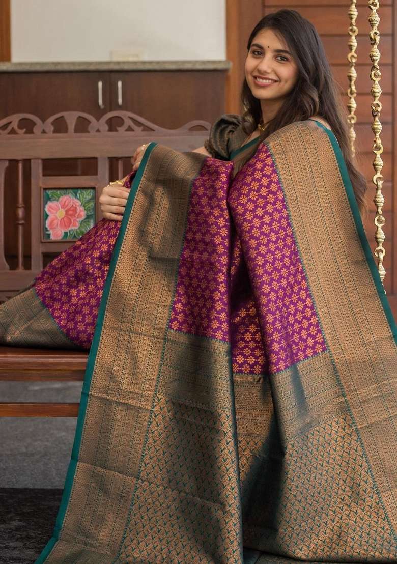 Wine Jacquard Silk Blend Saree Set - Indya