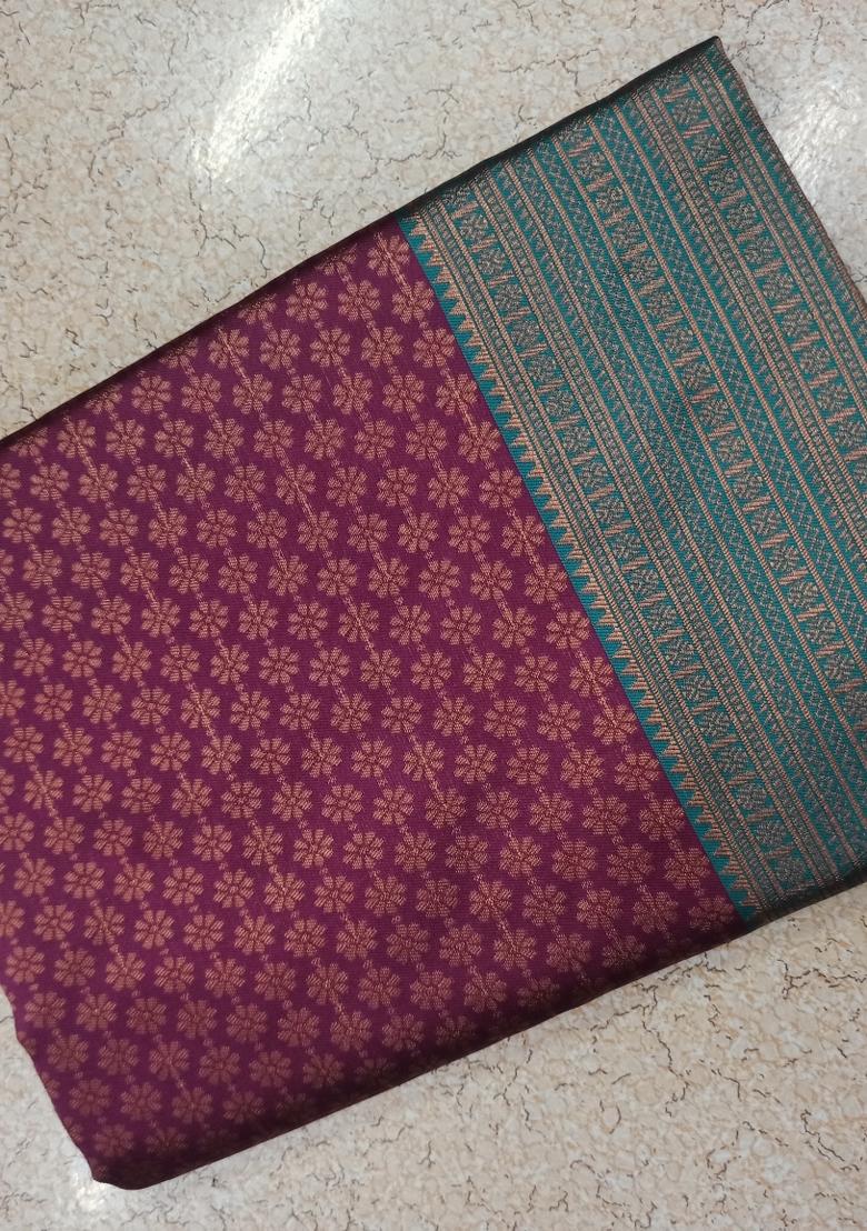 Wine Jacquard Silk Blend Saree Set - Indya