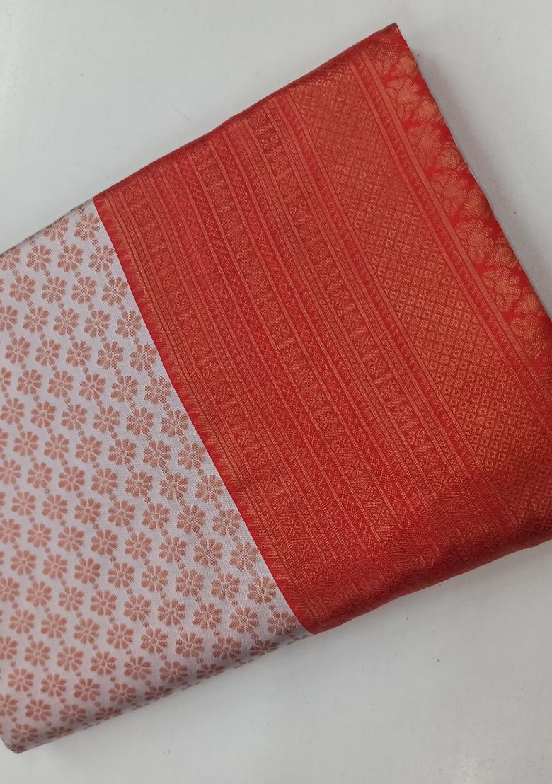Cream Jacquard Silk Blend Saree Set - Indya