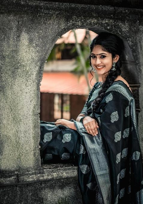 Black Jacquard Silk Blend Saree Set