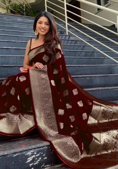 Maroon Jacquard Silk Blend Saree Set