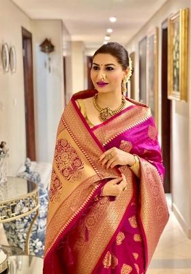 Pink Jacquard Silk Blend Saree Set