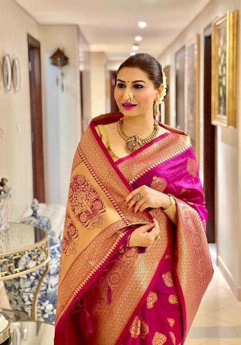 Pink Jacquard Silk Saree Set