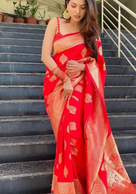 Red Jacquard Silk Blend Saree Set