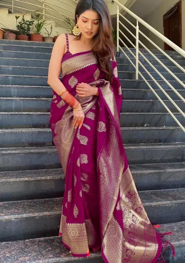 Wine Jacquard Silk Blend Saree Set - Indya