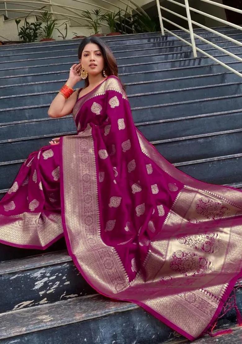 Wine Jacquard Silk Blend Saree Set - Indya