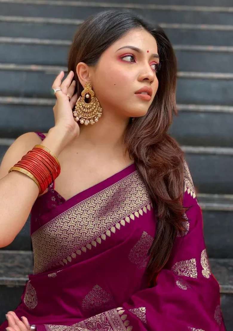 Wine Jacquard Silk Blend Saree Set - Indya