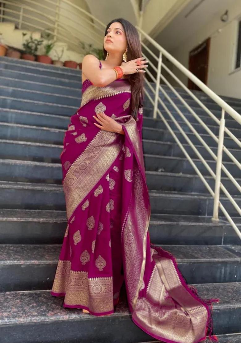 Wine Jacquard Silk Blend Saree Set - Indya