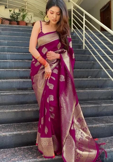 Wine Jacquard Silk Blend Saree Set