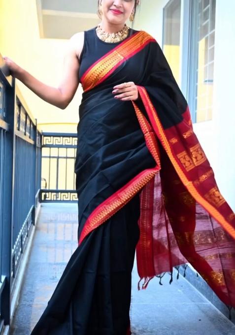 Black Jacquard Silk Blend Saree Set