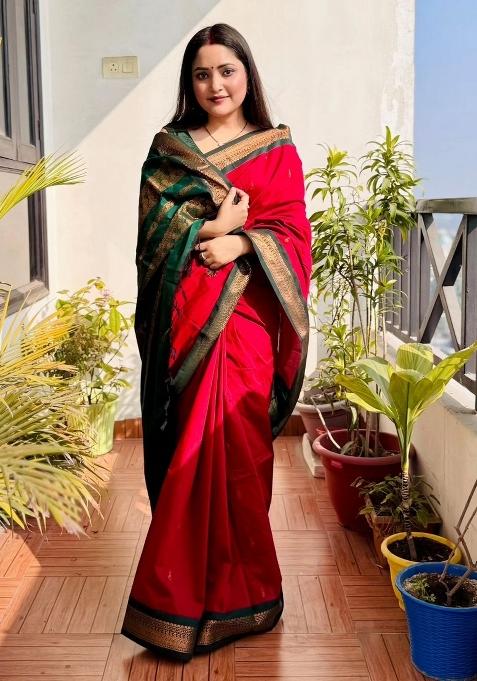 Red Jacquard Silk Blend Saree Set