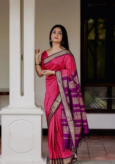 Pink Jacquard Silk Blend Saree Set