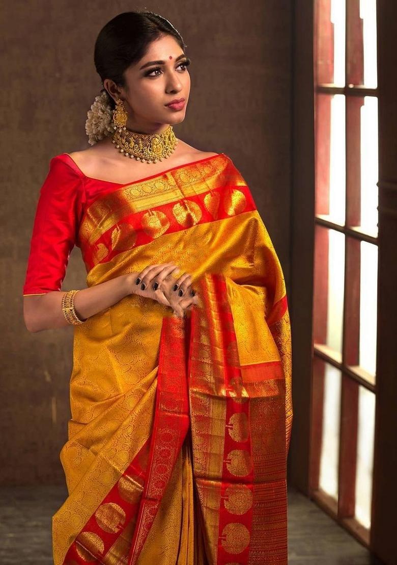 Yellow Jacquard Silk Blend Saree Set - Indya