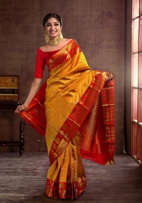 Yellow Jacquard Silk Blend Saree Set
