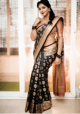 Black Jacquard Silk Blend Saree Set
