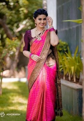 Pink Jacquard Silk Blend Saree Set