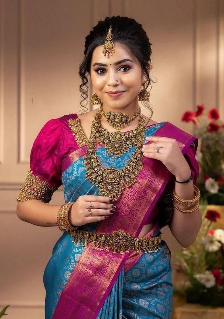 Orange Jacquard Silk Blend Saree Set - Indya
