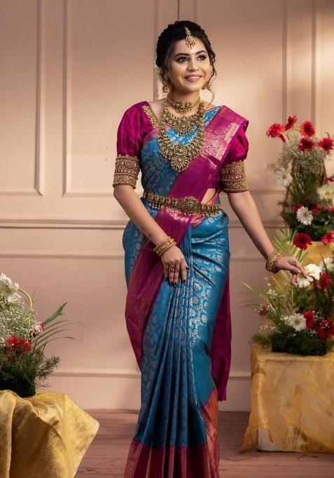 Orange Jacquard Silk Blend Saree Set