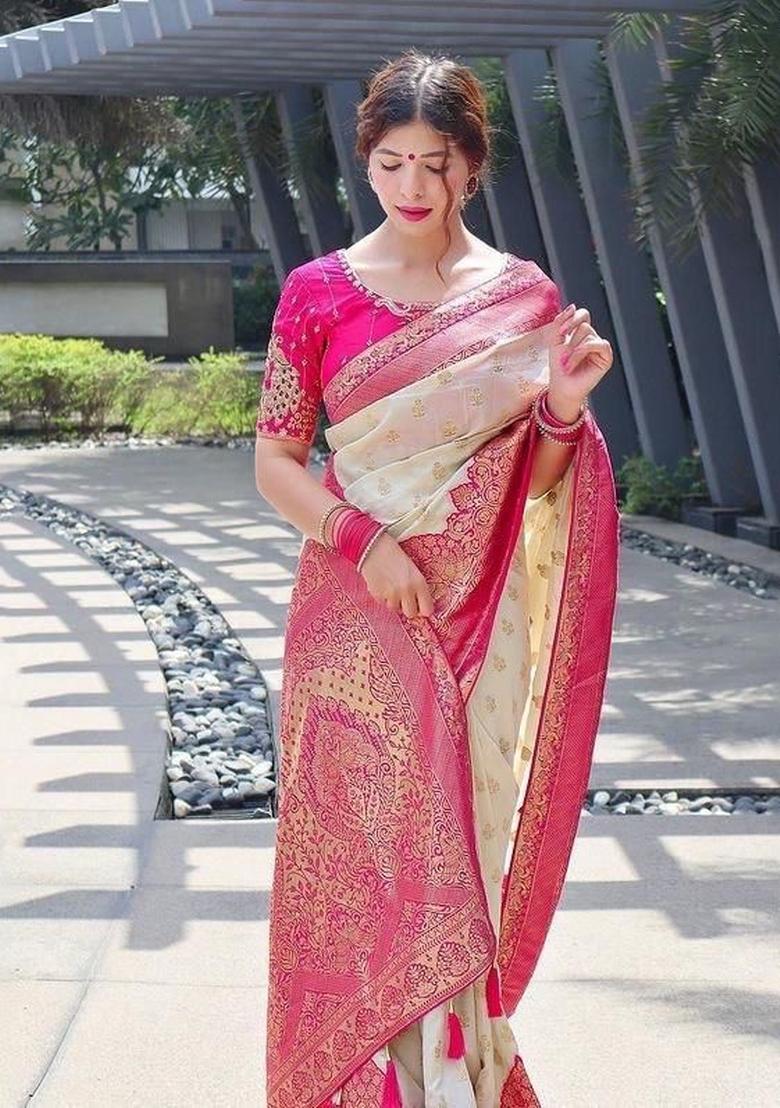 Orange Jacquard Silk Blend Saree Set - Indya