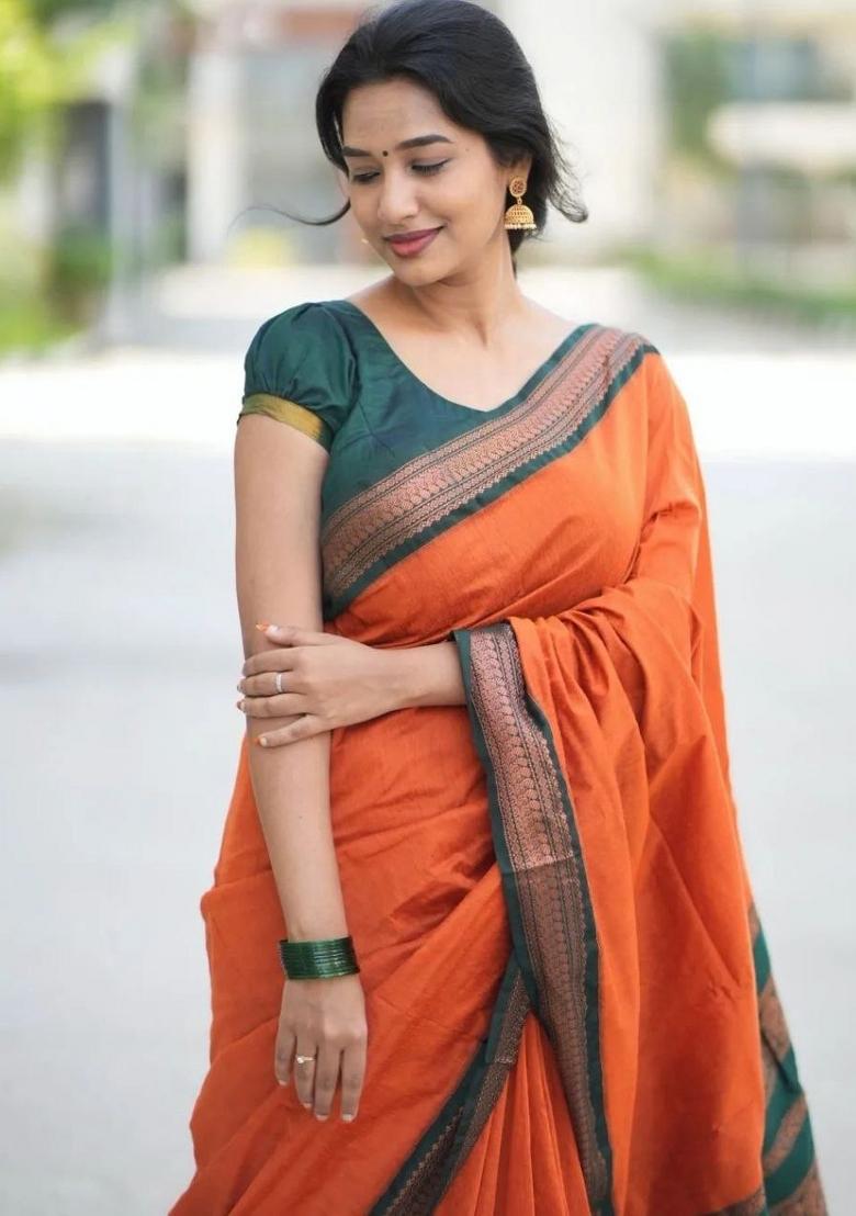 Yellow Jacquard Silk Blend Saree Set - Indya