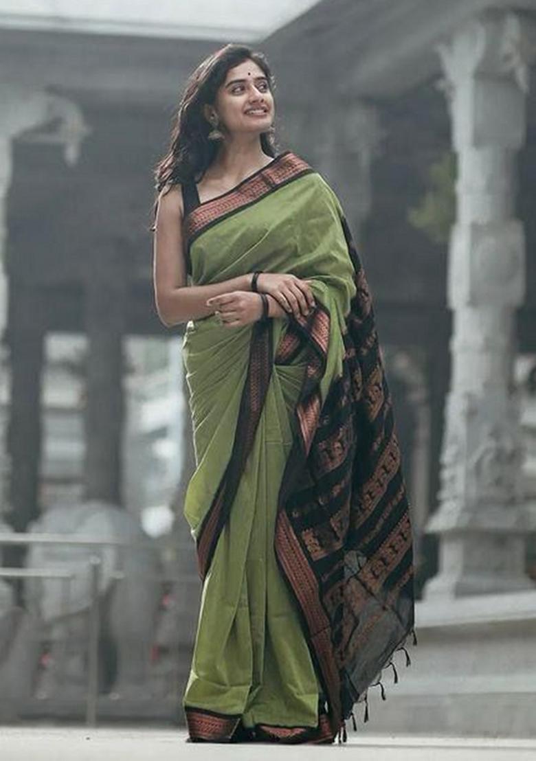 Green Jacquard Silk Blend Saree Set - Indya