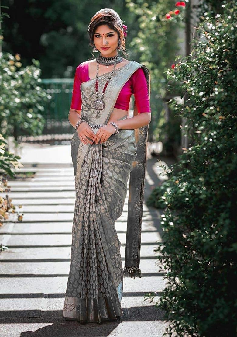 Grey Jacquard Silk Blend Saree Set - Indya