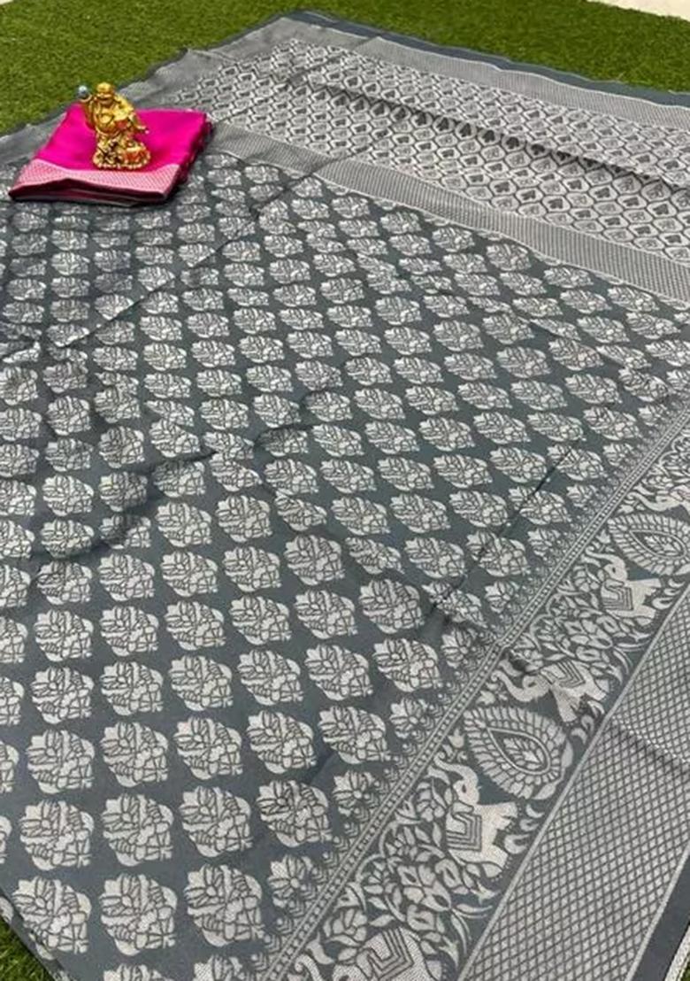 Grey Jacquard Silk Blend Saree Set - Indya